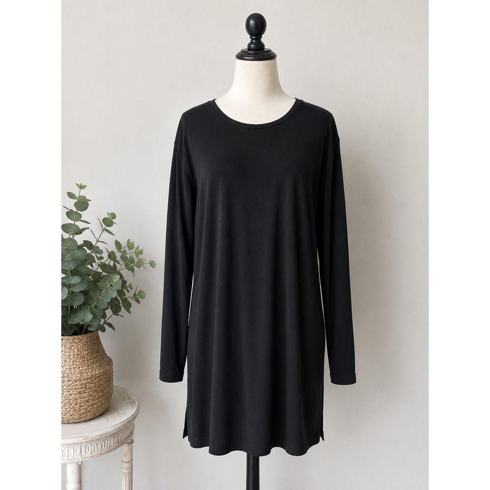 Eileen Fisher Tunic Top Womens‎ PS Black Viscose Stretch Long Sleeve Minimalist